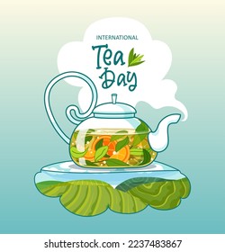 International Tea Day vector card with teapot and teacup. Vector trendy Illustration. Tea tree hills green backgrounds. For social media, typography poster, flyer, sticker, t-shirt, etc.