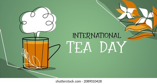 International tea day for vector concept design. Green background. For ad, social media, brochure, email, flyer, placard, poster, web sticker. Mid-Century Modern style illustration