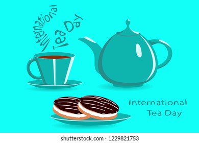 International tea day. Vector flat illustration with teapot, Cup and cupcake on blue background