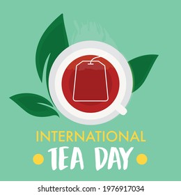International tea day Vector Illustration.  Hot tea in a white cup vector. Tea bag in a mug vector. cup with tea leaf icon. Important day. Holiday concept. Template for background, banner, card.