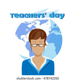International Teacher Day Holiday Woman Over World Map Background Flat Vector Illustration