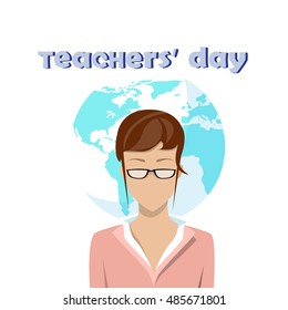 International Teacher Day Holiday Woman Over World Map Background Flat Vector Illustration
