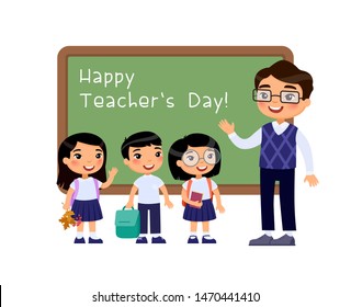 International teachers day congratulation flat vector illustration. Schoolchildren congratulate teacher cartoon characters. Cheerful classmates standing near blackboard. Greeting on school chalkboard
