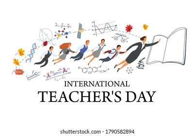 International Teacher's Day. The teacher flies into the book and pulls the children with him