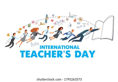 International Teachers Day.The teacher flies into the book-portal and pulls a group of students with him