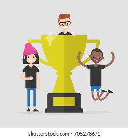 International team celebrating the victory. Conceptual illustration. Flat editable vector illustration, clip art