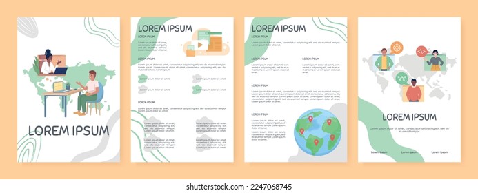 International team flat vector brochure template. Remote employees booklet, leaflet printable flat color designs. Editable magazine page, reports kit with text space. Sniglet, Comfortaa fonts used