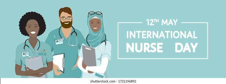 International team of nurses standing together, International Nurse Day background. Young happy smiling african and arabic women, bearded man, medical scrubs, stethoscope.  Horizontal vector banner