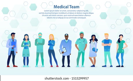 International team of professional doctors. Сolleague. Doctor, Surgeon, Otolaryngologist, Nurse, Dentist, Professor. Medical staff concept. Design People Characters. Flat Cartoon Vector Illustration