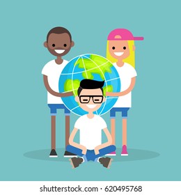 International team. Smiling characters holding a globe / flat editable vector illustration, clip art