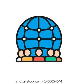 International team of workers flat color line icon.