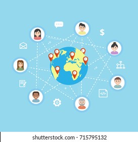 International Teamwork - Vector Flat Illustration. Remote Team Work On A Common Project. Workers Icons Are Linked Around The Globe.