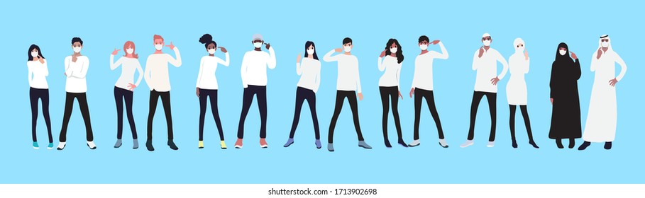 International teenagers stand a campaign to wear a protective mask against coronavirus (covit-19). Vector cartoon illustration.