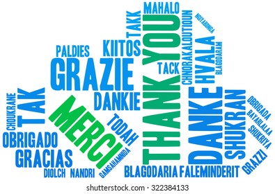 International Thank You Cloud Shaped Word Cloud On a White Background. Each word in this word cloud is another language's version of the word Thank You.