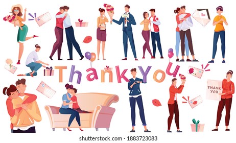 International thank you day flat set of people kissing embracing and presenting bouquet of flowers isolated vector illustration