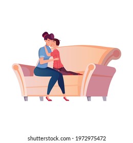 International thank you day flat composition with characters of son and mother hugging on sofa vector illustration