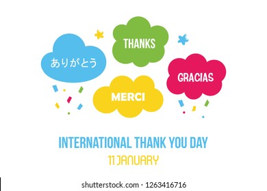 International thank you day illustration, card with cute colorful clouds with words of appreciation in different languages.