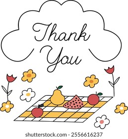 International Thank You Day. A thank you note placed on a picnic blanket surrounded by fruits and flowers