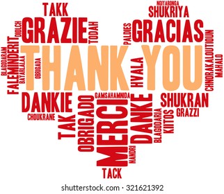 International Thank You Heart Shaped Word Cloud On a White Background. Each word in this word cloud is another language's version of the word"Thank You