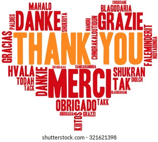 International Thank You Heart Shaped Word Cloud On a White Background. Each word in this word cloud is another language's version of the word"Thank You