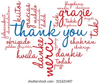 International Thank You Heart Shaped Word Cloud On a White Background. Each word in this word cloud is another language's version of the word"Thank You