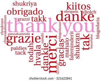 International Thank You Heart Shaped Word Cloud On a White Background.  Each word in this word cloud is another language's version of the word "Thank You
