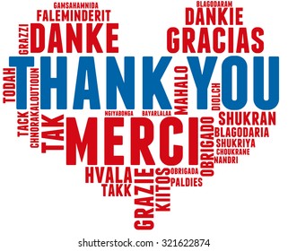International Thank You Heart Shaped Word Cloud On a White Background.  Each word in this word cloud is another language's version of the word "Thank You