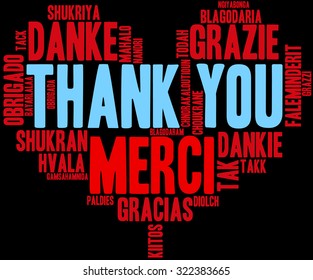 International Thank You Heart Shaped Word Cloud On a Black Background. Each word in this word cloud is another language's version of the word Thank You.