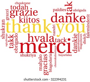 International Thank You Heart Shaped Word Cloud On a White Background. Each word in this word cloud is another language's version of the word Thank You.