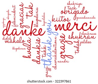 International Thank You Heart Shaped Word Cloud On a White Background. Each word in this word cloud is another language's version of the word Thank You.