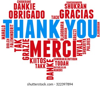 International Thank You Heart Shaped Word Cloud On a White Background. Each word in this word cloud is another language's version of the word Thank You.