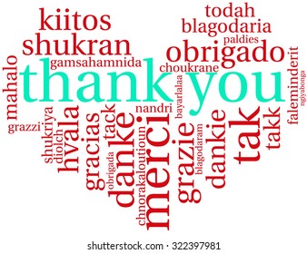 International Thank You Heart Shaped Word Cloud On a White Background. Each word in this word cloud is another language's version of the word Thank You.