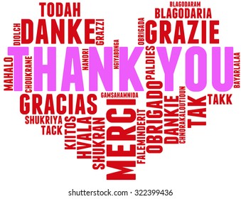 International Thank You Heart Shaped Word Cloud On a White Background. Each word in this word cloud is another language's version of the word Thank You.