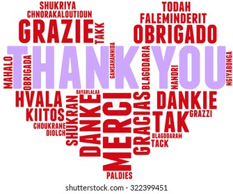 International Thank You Heart Shaped Word Cloud On a White Background. Each word in this word cloud is another language's version of the word Thank You.