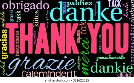 International Thank You Word Cloud On a Black Background. Each word in this word cloud is another language's version of the word"Thank You