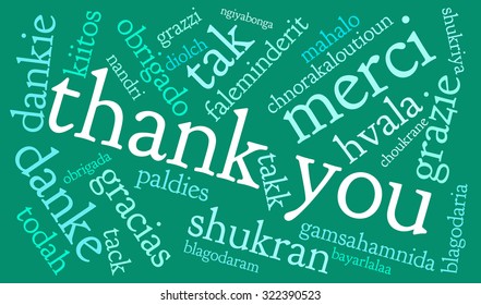 International Thank You Word Cloud On a Green Background. Each word in this word cloud is another language's version of the word Thank You.