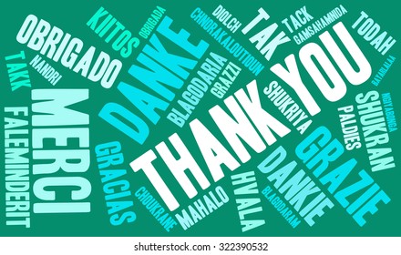 International Thank You Word Cloud On a Green Background. Each word in this word cloud is another language's version of the word Thank You.