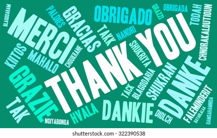 International Thank You Word Cloud On a Green Background. Each word in this word cloud is another language's version of the word Thank You.