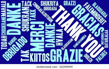 International Thank You Word Cloud On a Blue Background. Each word in this word cloud is another language's version of the word Thank You.