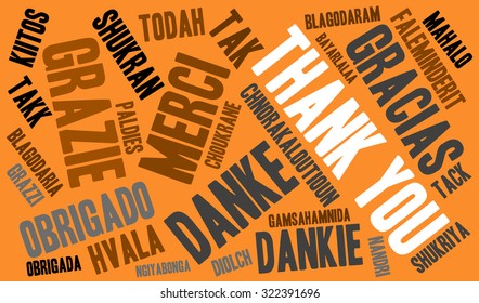 International Thank You Word Cloud On An Orange Background. Each word in this word cloud is another language's version of the word Thank You.