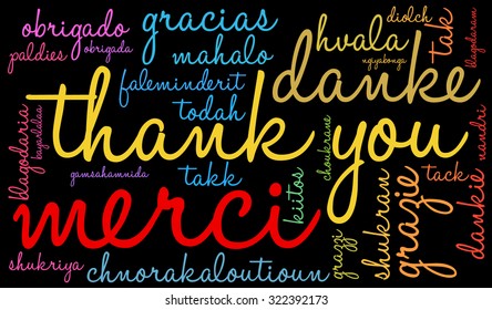 International Thank You Word Cloud On a Black Background. Each word in this word cloud is another language's version of the word Thank You.