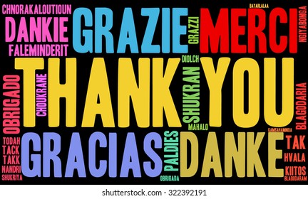 International Thank You Word Cloud On a Black Background. Each word in this word cloud is another language's version of the word Thank You.