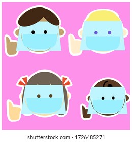International Three faces of kids and a baby with face mask. Vector illustration image. Thumbs up