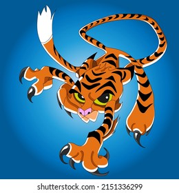 International Tiger Day. Big cat on the attack. The vector illustration is depicted in a cartoon style on a blue background.