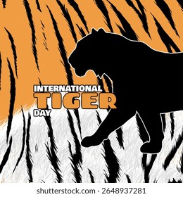 Dia Internacional do Tigre para comemorar em 29 de julho. Silhueta de um tigre com texto em negrito sobre fundo de textura de pele de tigre. Banner do evento animal.