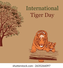 International Tiger Day Celebration with Adult and Baby Tigers on a Log, Lush Tree in Background, for Wildlife Conservation Awareness