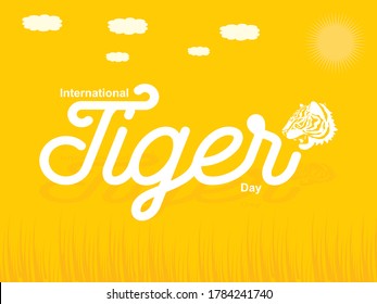 International Tiger Day Creative Design with Yellow Base and grass with clouds also tiger face