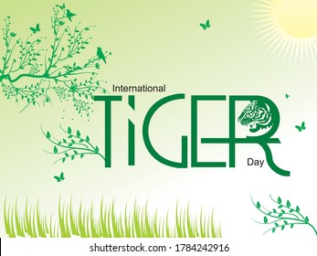 International Tiger Day Creative Design with Yellow Base and grass with clouds also tiger face