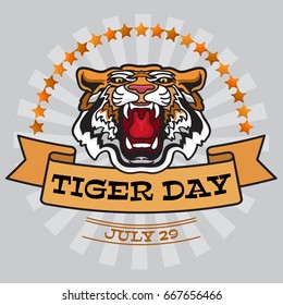 International Tiger Day emblem with angry tiger head. Vector illustration. Card in cartoon style.