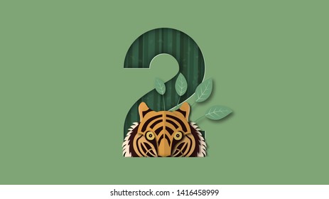 International tiger day with face and number. Vector illustration in paper cut and craft style.